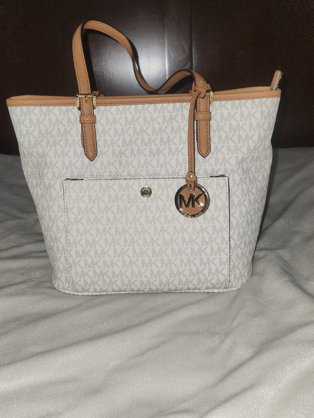 Michael Kors Ivory Monogram Tote with Tan Trim and Gold Charm